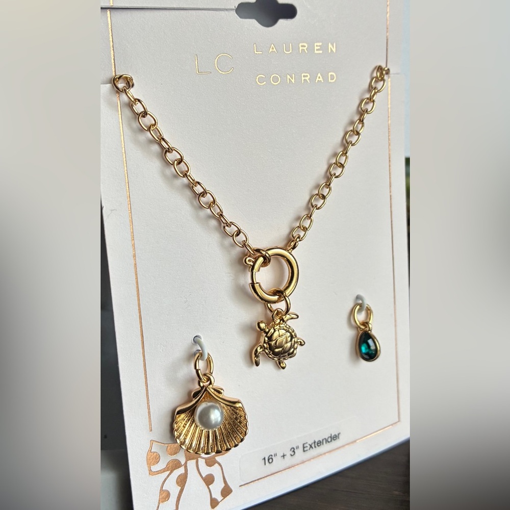 LC Lauren Conrad Gold-Tone Turtle Charm Necklace with Shell and Teal Drop - Picture 6 of 10